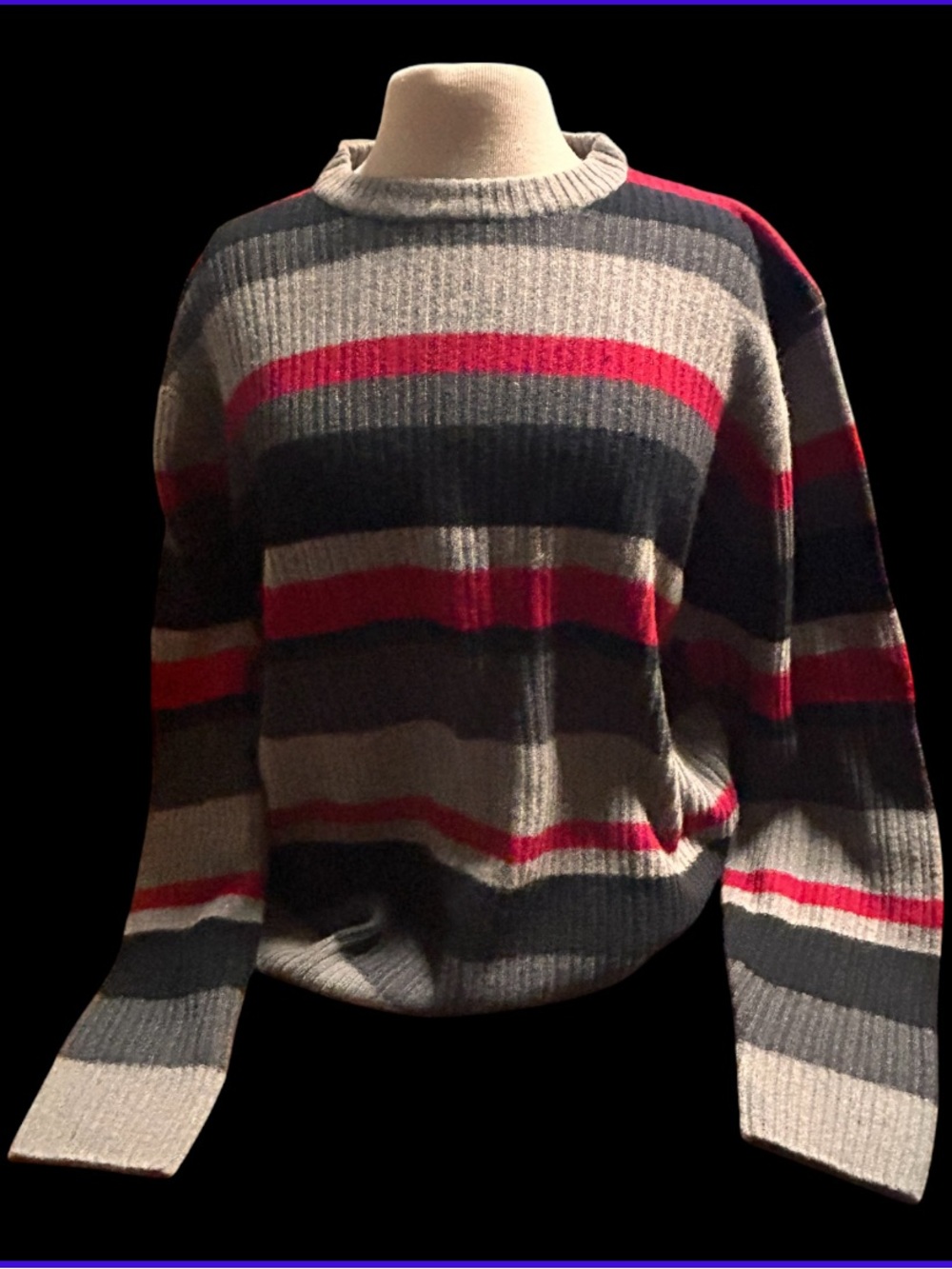 Jos. A. Bank Striped Crewneck Sweater in Gray, Dark Gray and Red lambs wool Lrg